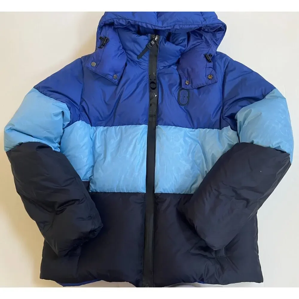Coach CB661 Colorblock Down Puffer Jacket Royal Blue Multi XL $650